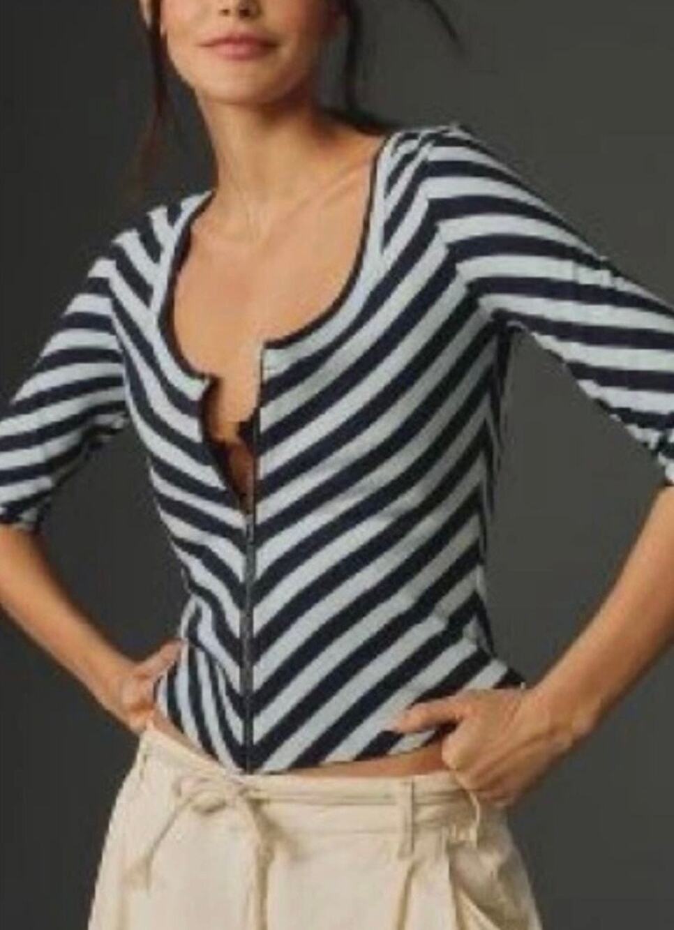 Anthropologie Maeve Top Front Zip Scoop Neck Women’s Size XL Blue Motif Chevron